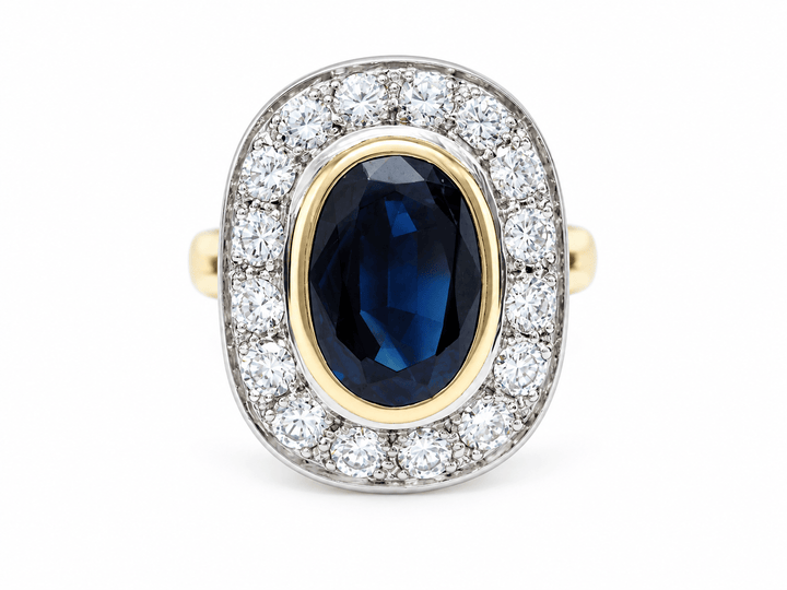 Bague pompadour en or jaune, saphir et diamants