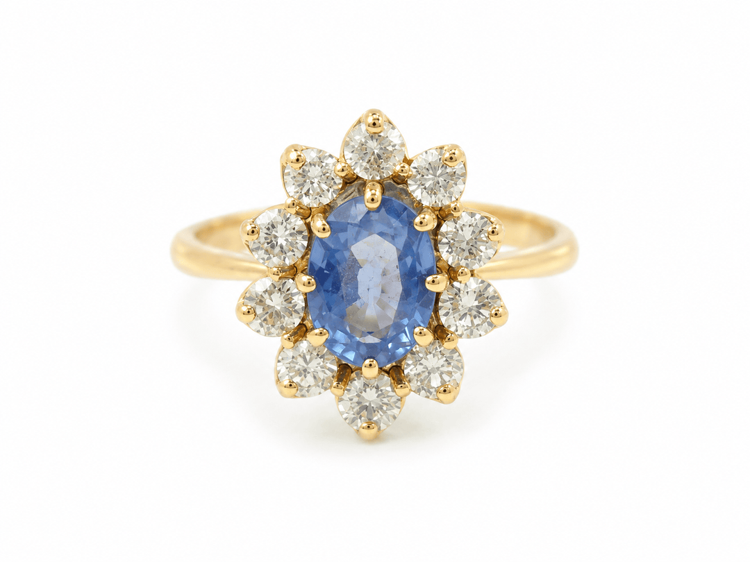 Bague entourage en or jaune, saphir ceylan 1ct et diamant