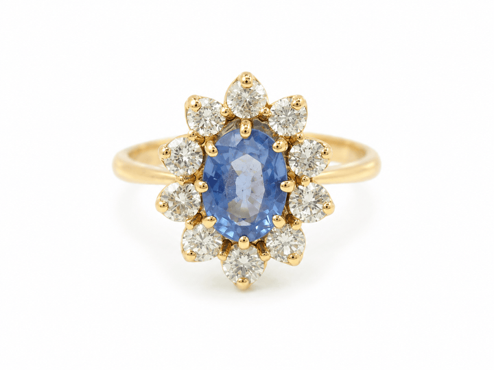 Bague entourage en or jaune, saphir ceylan 1ct et diamant