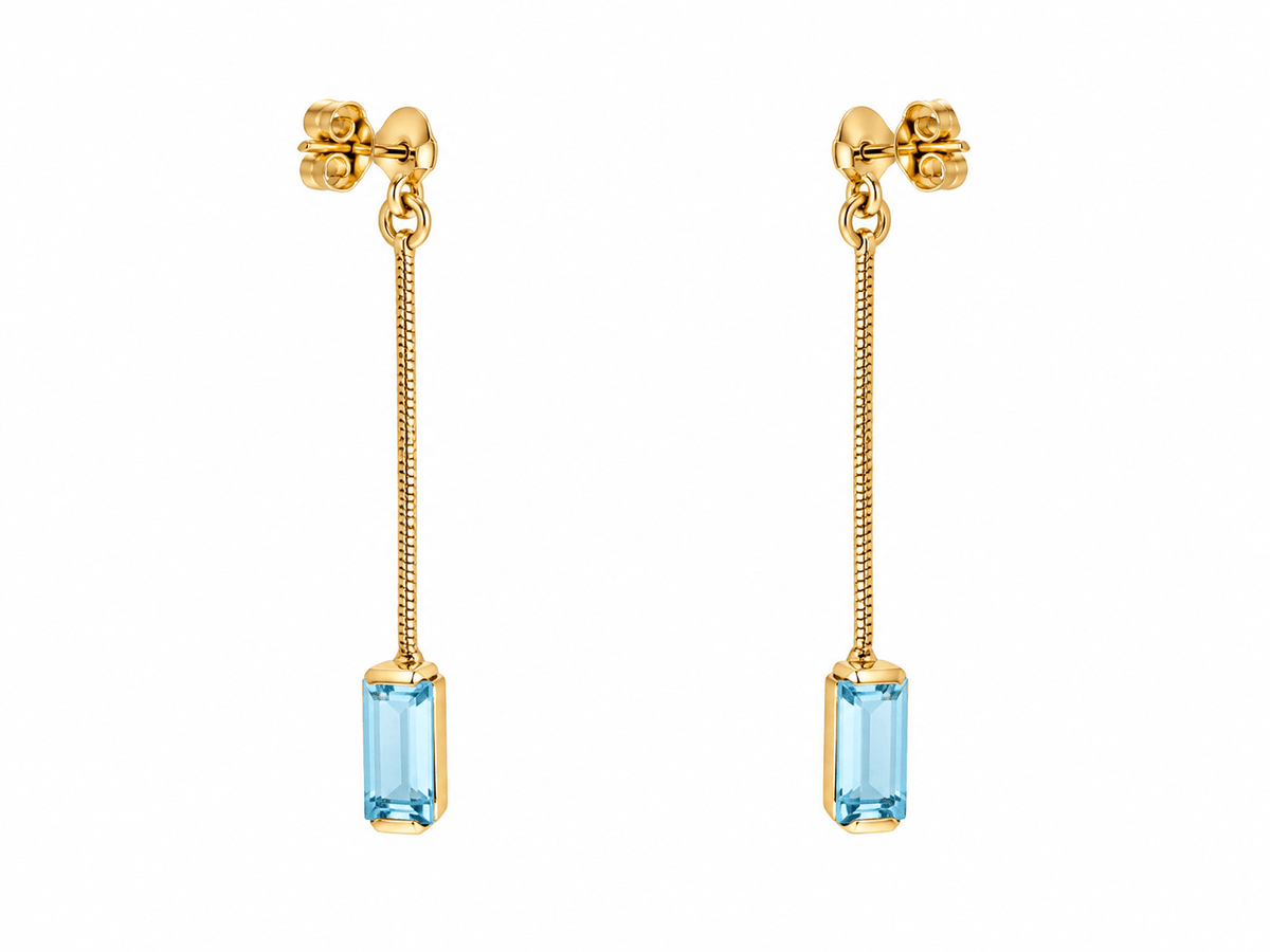 Boucles d'oreilles pendantes L'Aurore en or jaune 18k avec topazes bleues rectangulaires de 3 cm