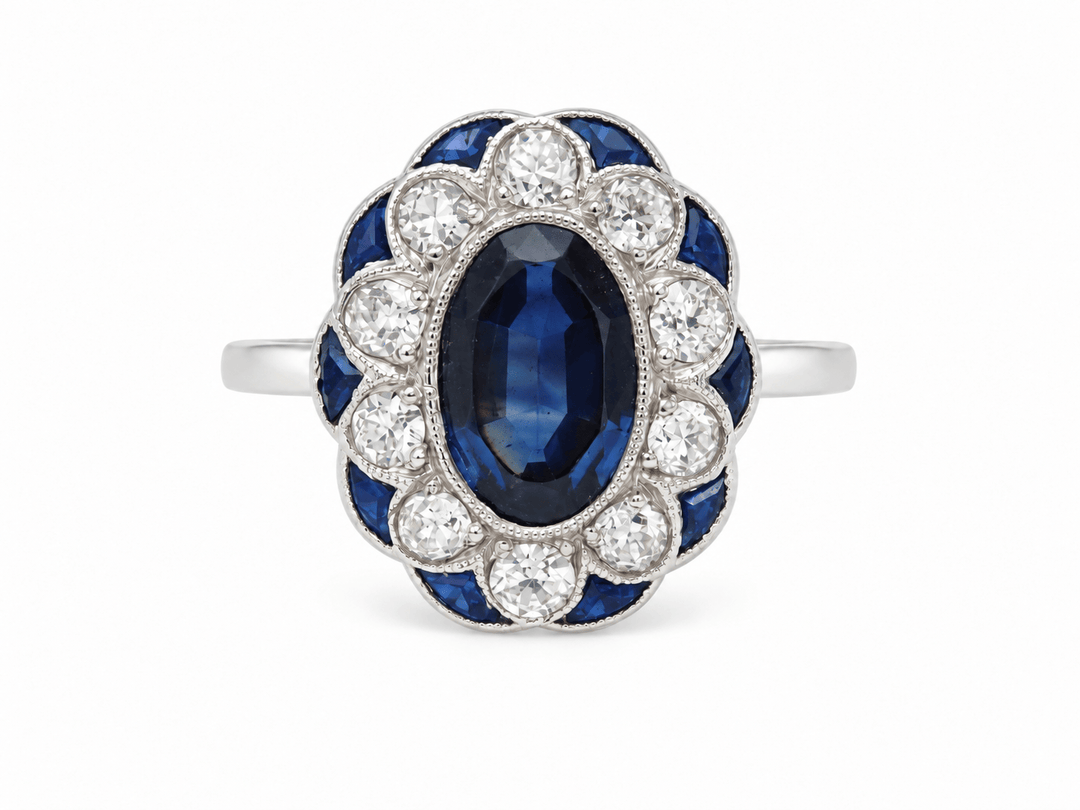 Bague Ancienne Pompadour Saphir 1,80ct Diamants 0,50ct Or Blanc Art Déco