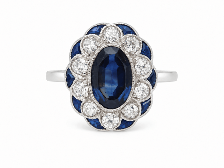 Bague Ancienne Pompadour Saphir 1,80ct Diamants 0,50ct Or Blanc Art Déco
