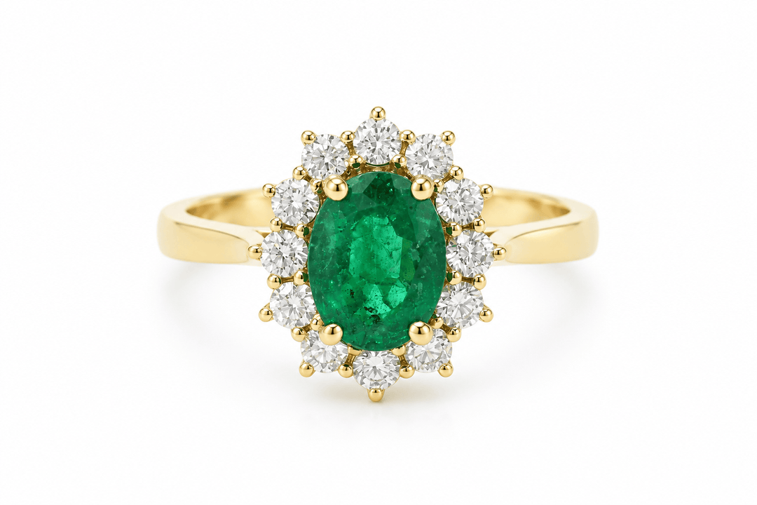 Bague marguerite en or jaune, émeraude 1,10ct et diamants