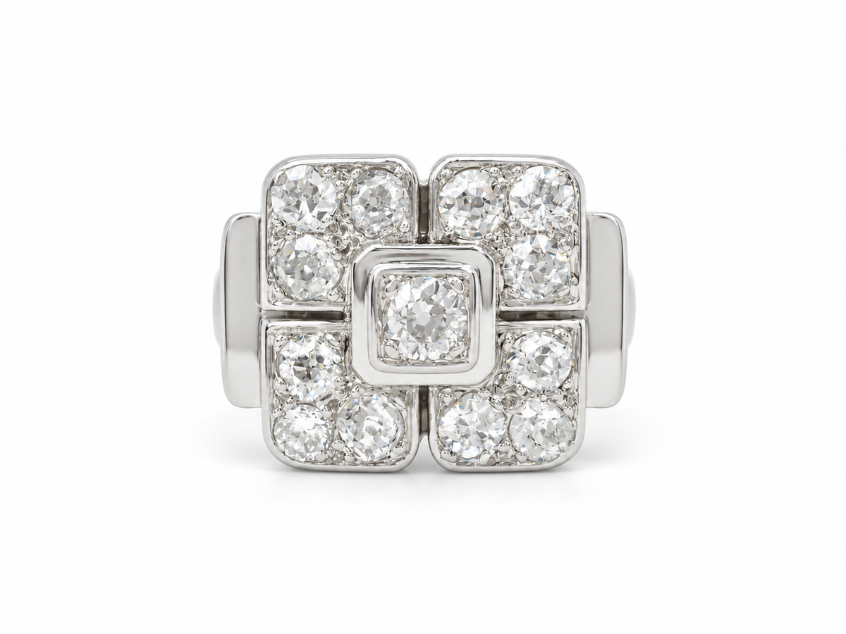 Bague Art Déco or blanc diamants taille ancienne 1,20 ct style époque