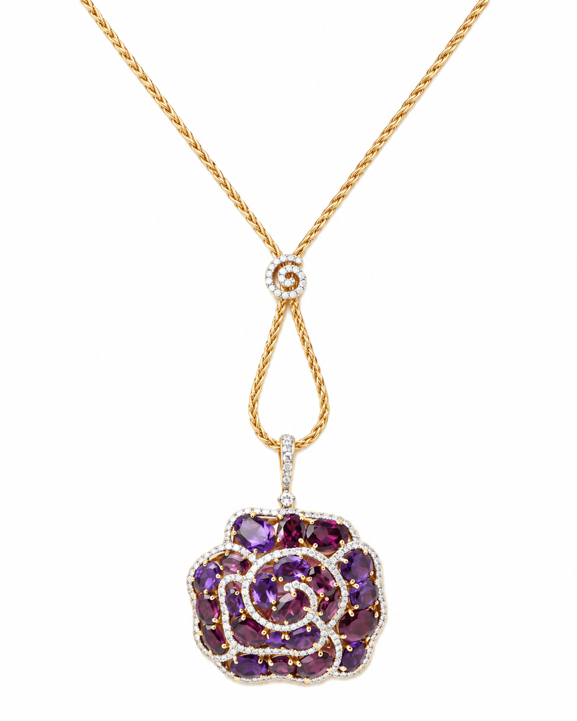 Collier pendentif fleur en or rose, pierres fines et diamants