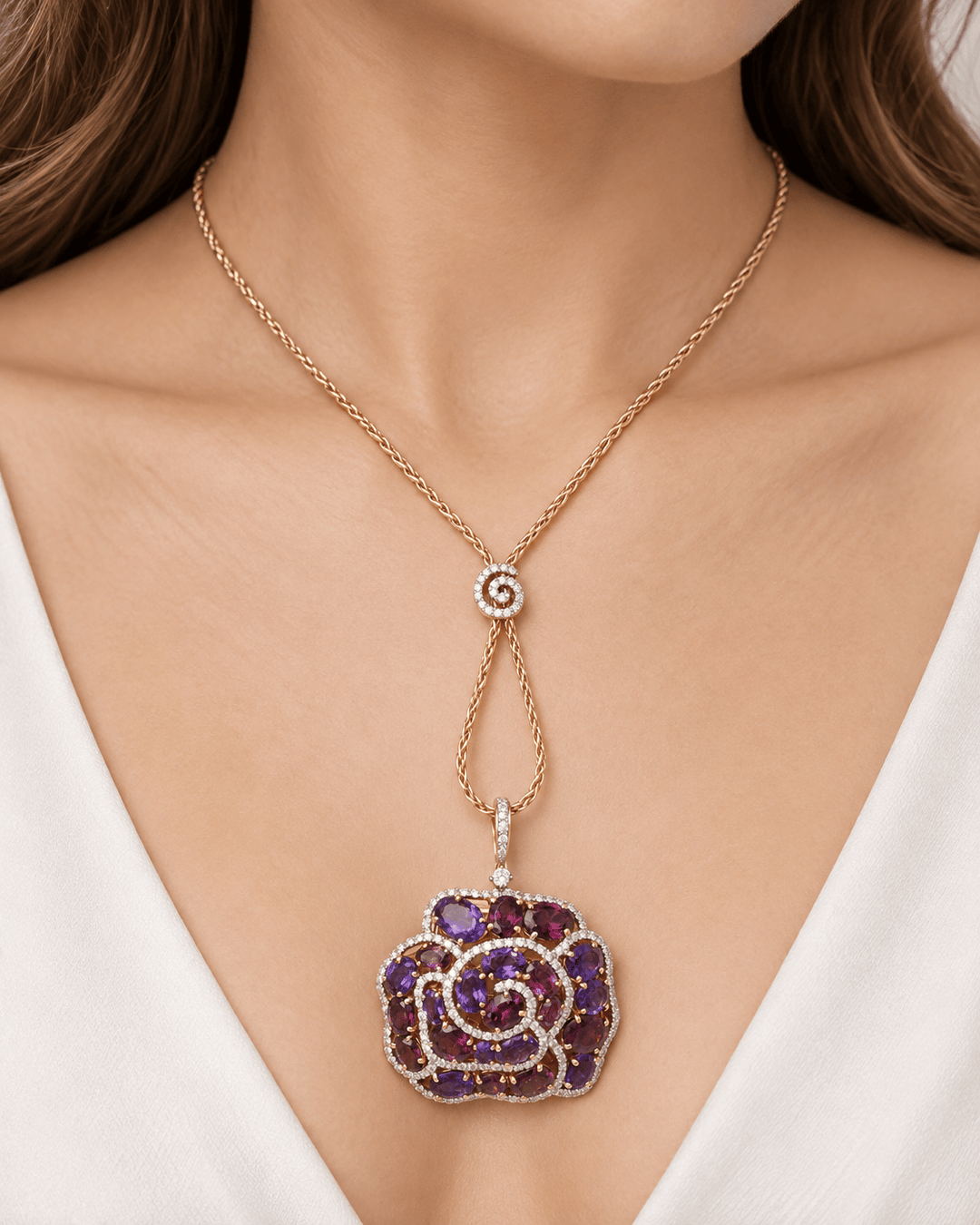 Collier pendentif fleur en or rose, pierres fines et diamants