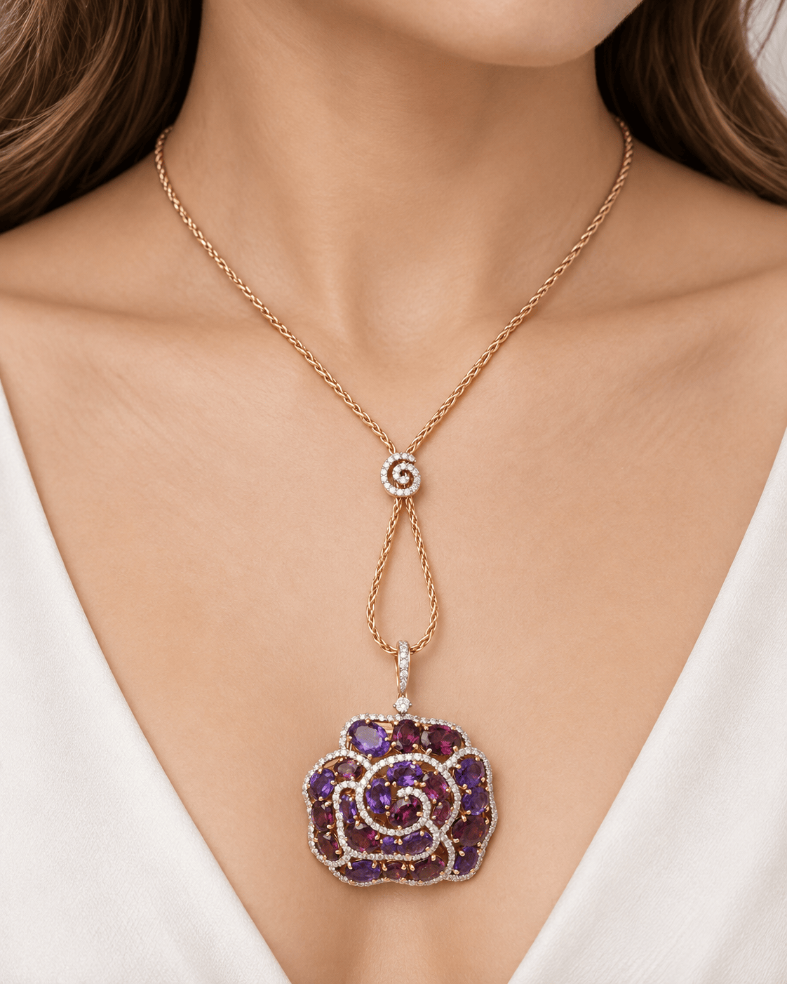 Collier pendentif fleur en or rose, pierres fines et diamants