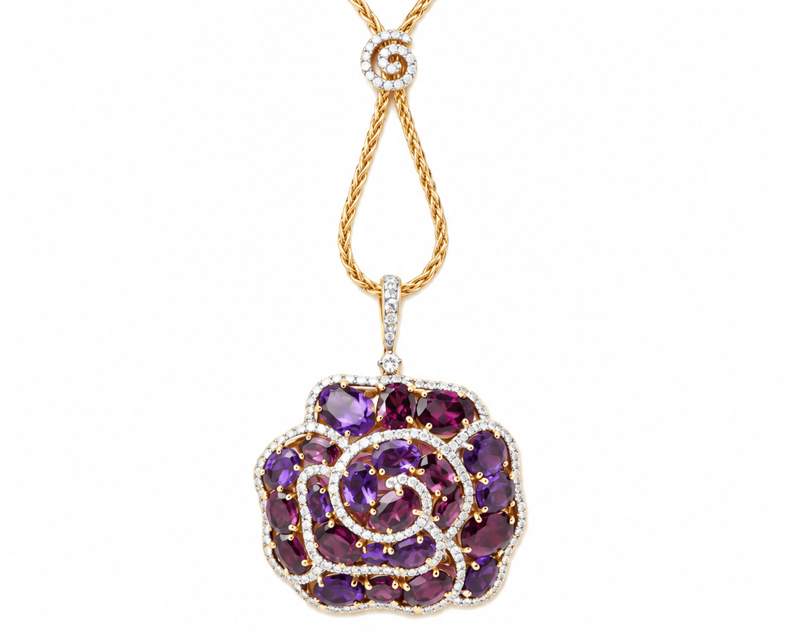 Collier pendentif fleur en or rose, pierres fines et diamants