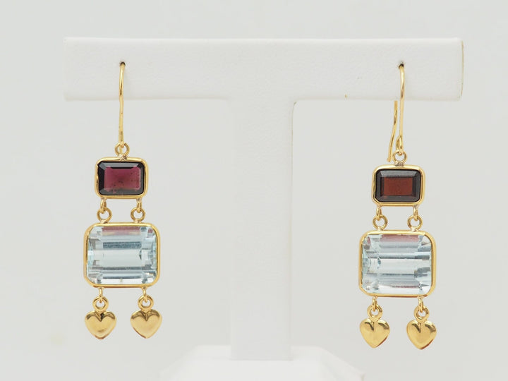 Boucles d’oreilles pendantes en or jaune 18K – Aigues-marines &amp; grenats
