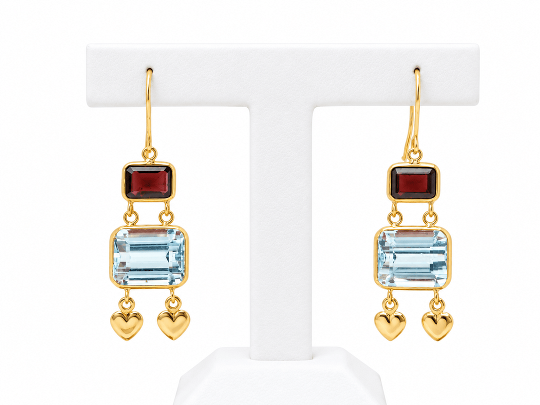 Boucles d’oreilles pendantes en or jaune 18K – Aigues-marines &amp; grenats