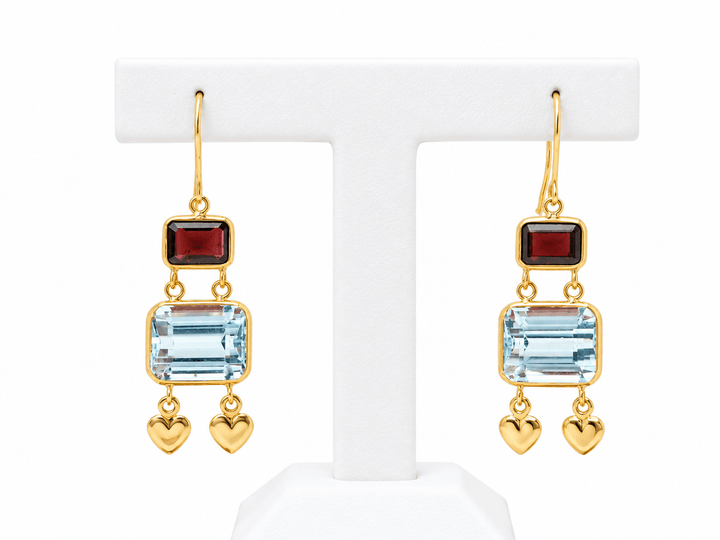 Boucles d’oreilles pendantes en or jaune 18K – Aigues-marines &amp; grenats