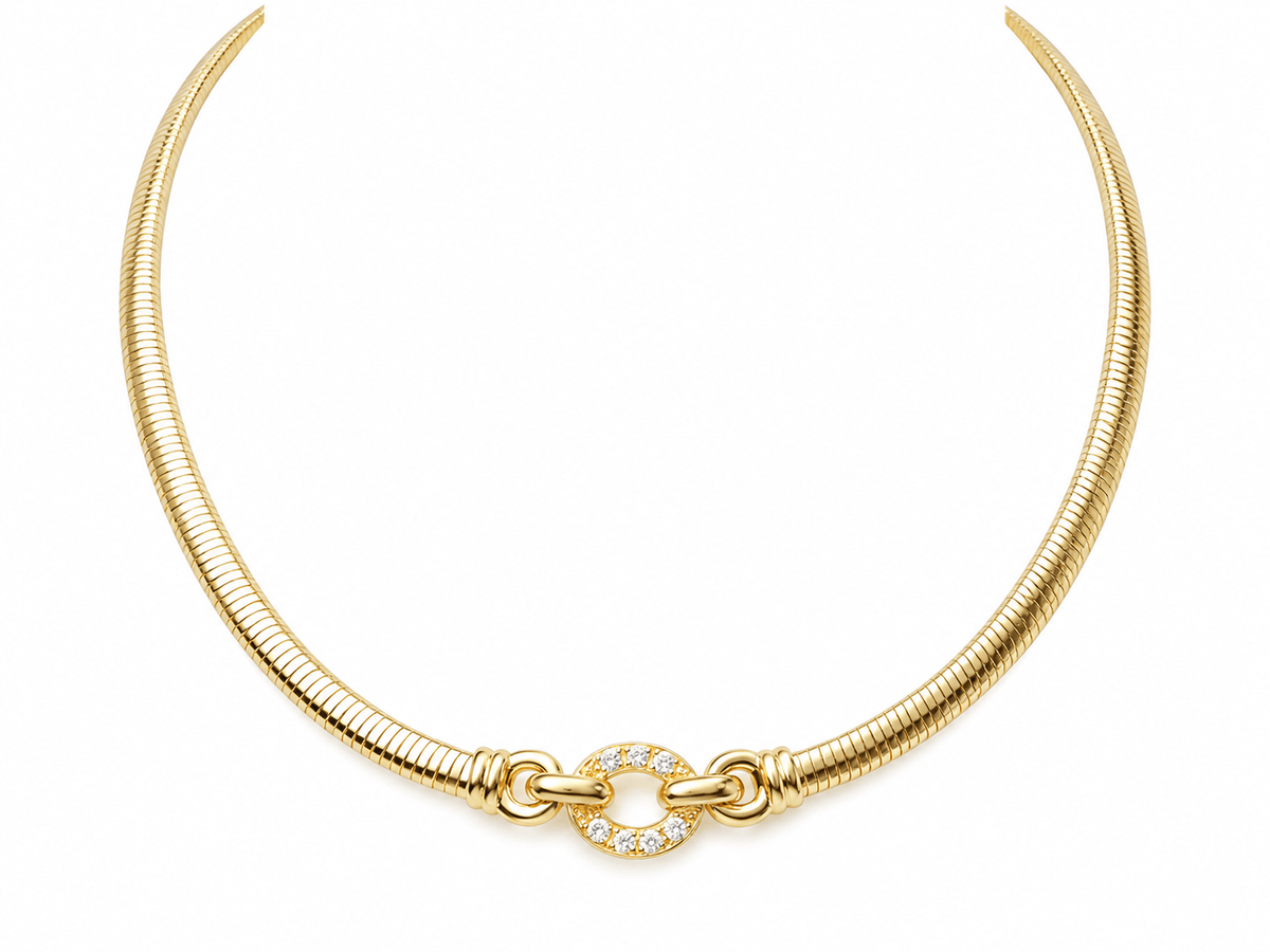 Collier ras-de-cou Tubogas L'Aurore en or jaune 18 carats avec un fermoir circulaire orné de diamants brillants