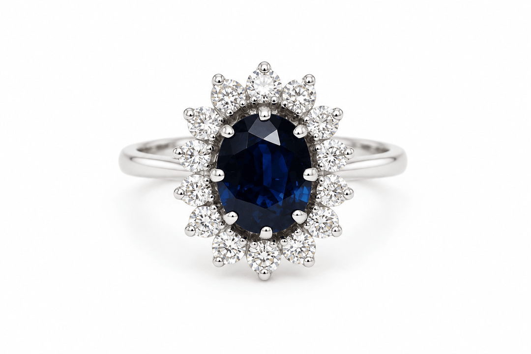Bague marguerite ancienne saphir et diamants en or blanc 18 ct