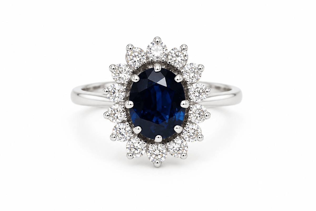 Bague marguerite ancienne saphir et diamants en or blanc 18 ct