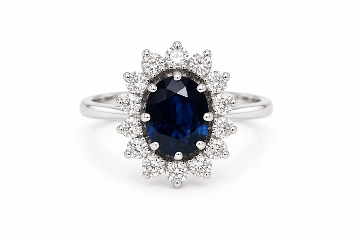 Bague marguerite ancienne saphir et diamants en or blanc 18 ct