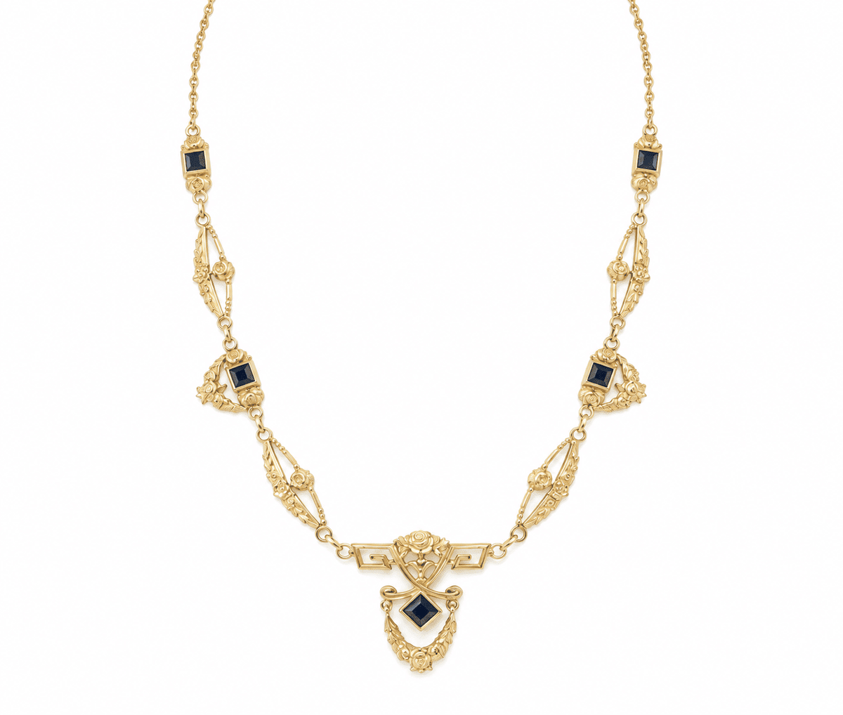Collier draperie Art Nouveau L'Aurore en or jaune 18 carats orné de saphirs taillés en carré
