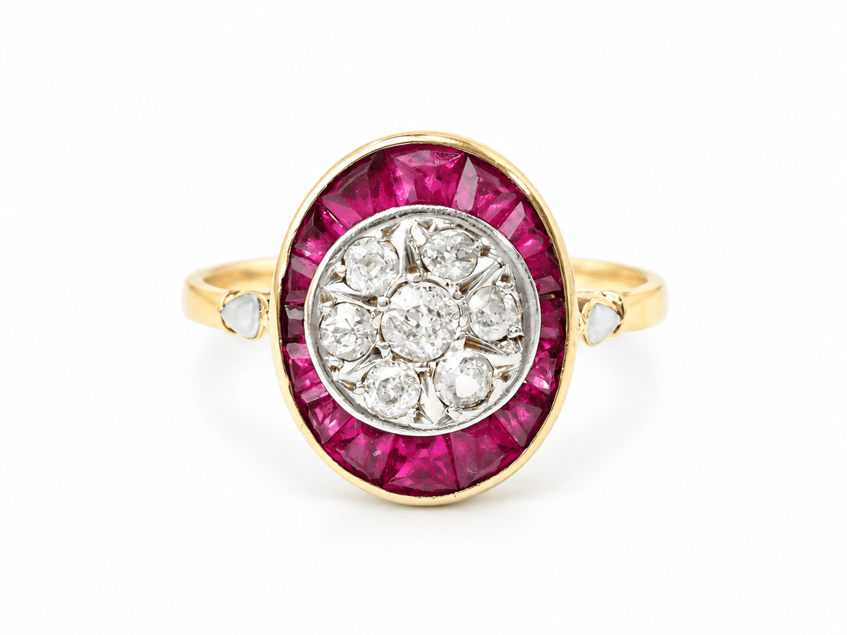 Bague Art Nouveau Rubis Diamants en Or Jaune 18kt et Platine