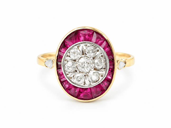 Bague Art Nouveau Rubis Diamants en Or Jaune 18kt et Platine