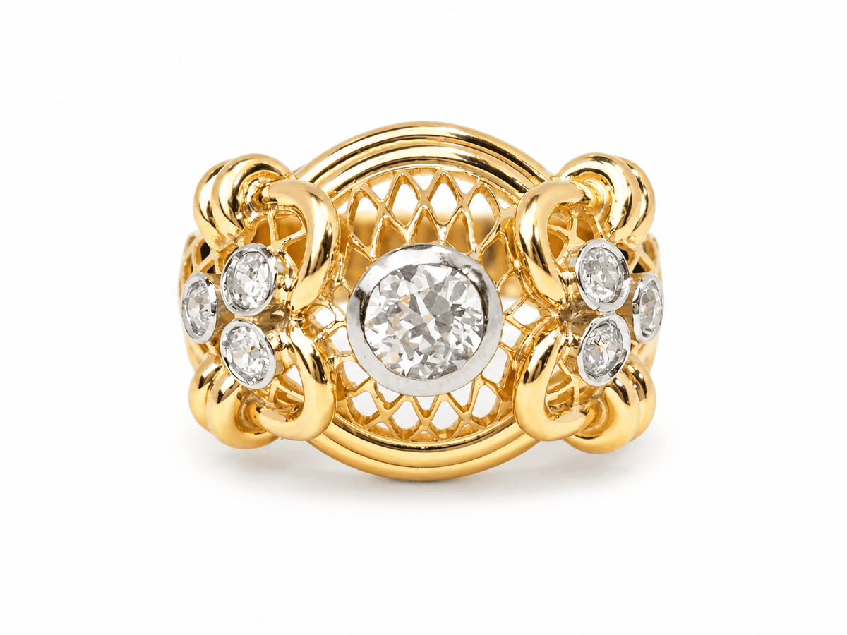 Bague Tank L'Aurore des années 1940 en or jaune 18 carats avec diamant central de 0,50 carat et diamants latéraux