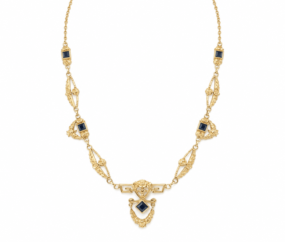 Collier Art Nouveau draperie en or jaune et saphirs