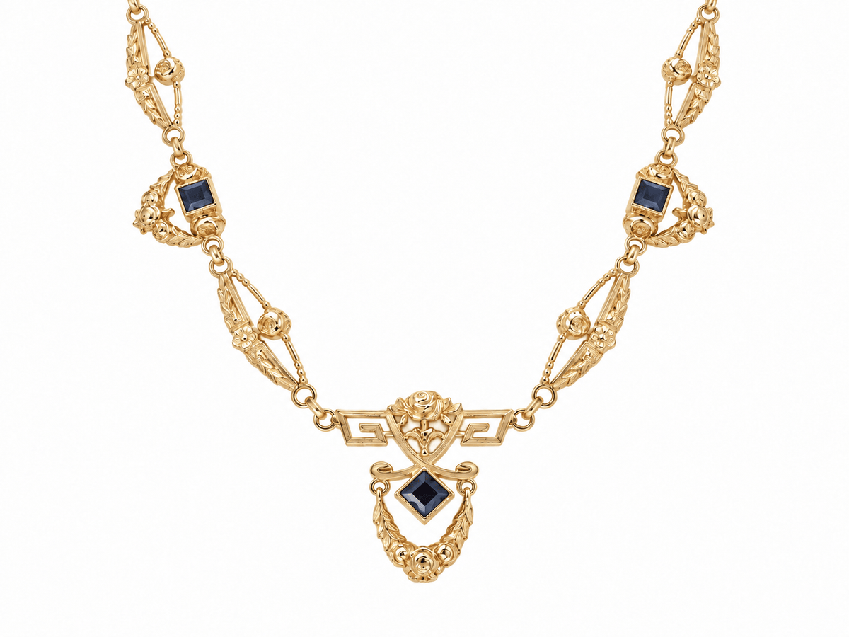 Collier Art Nouveau draperie en or jaune et saphirs
