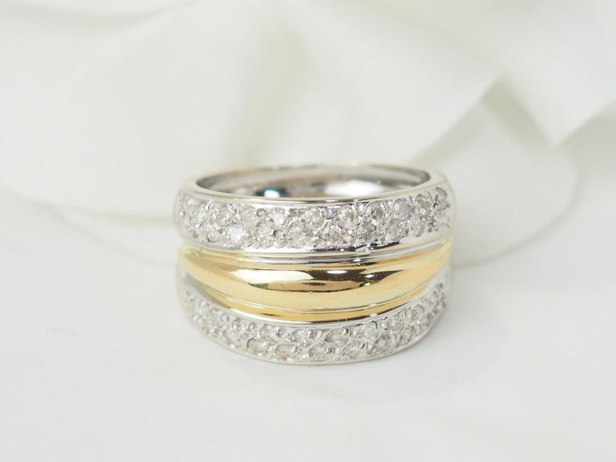 Bague triple joncs L'Aurore en or jaune et blanc 18kt sertie de diamants étincelants, style vintage élégant.
