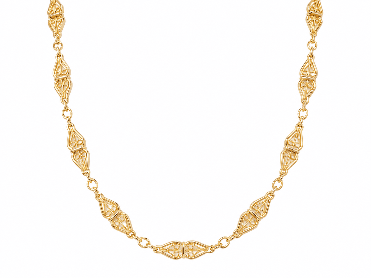 Collier L'Aurore en or jaune 18 carats avec maille filigrane style Art nouveau, longueur 43 cm