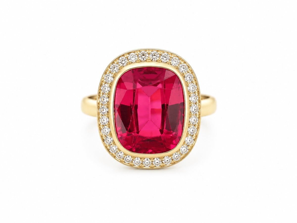 Bague Art nouveau L'Aurore en or jaune 18 carats avec rubis de Verneuil coussin et entourage de diamants