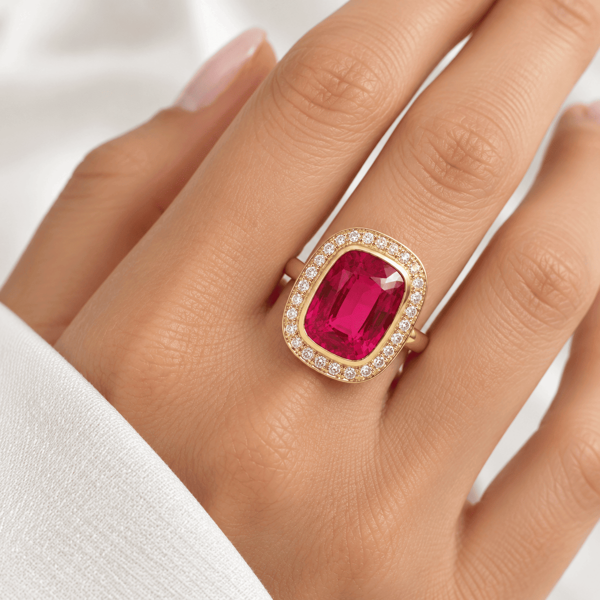 Bague Art nouveau L'Aurore en or jaune 18 carats avec un rubis de Verneuil coussin entouré de diamants sur un doigt