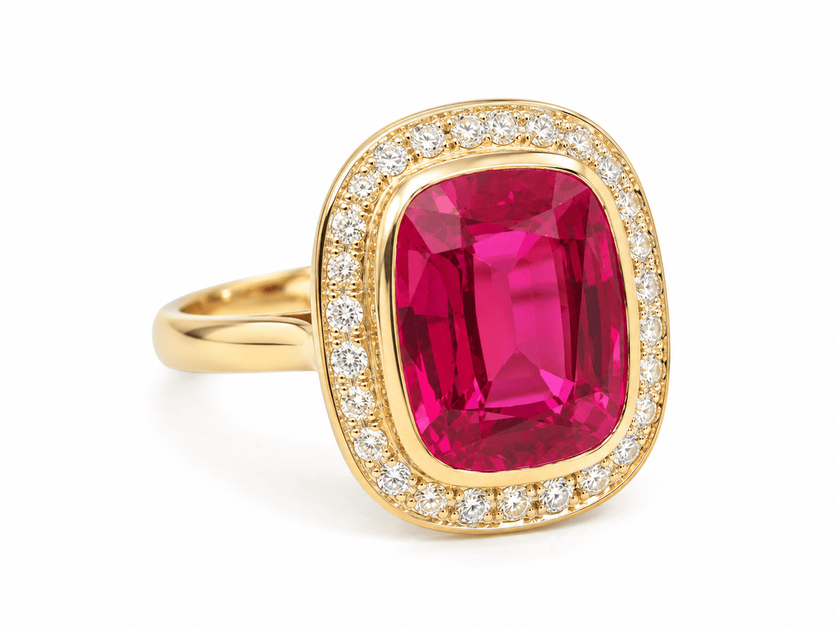 Bague Art nouveau L'Aurore en or jaune 18 carats avec rubis de Verneuil coussin et entourage de diamants