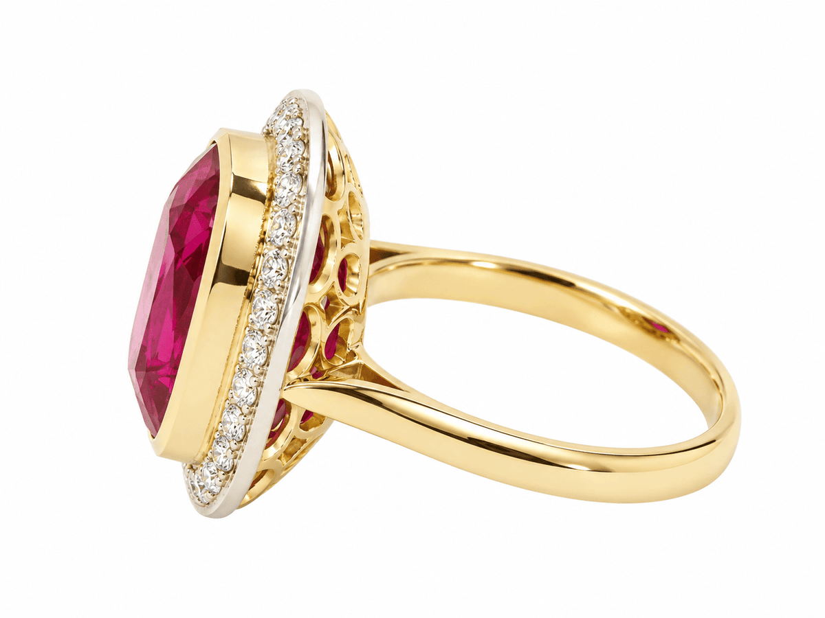 Bague Art nouveau L'Aurore en or jaune 18 carats avec rubis de Verneuil coussin et entourage de diamants