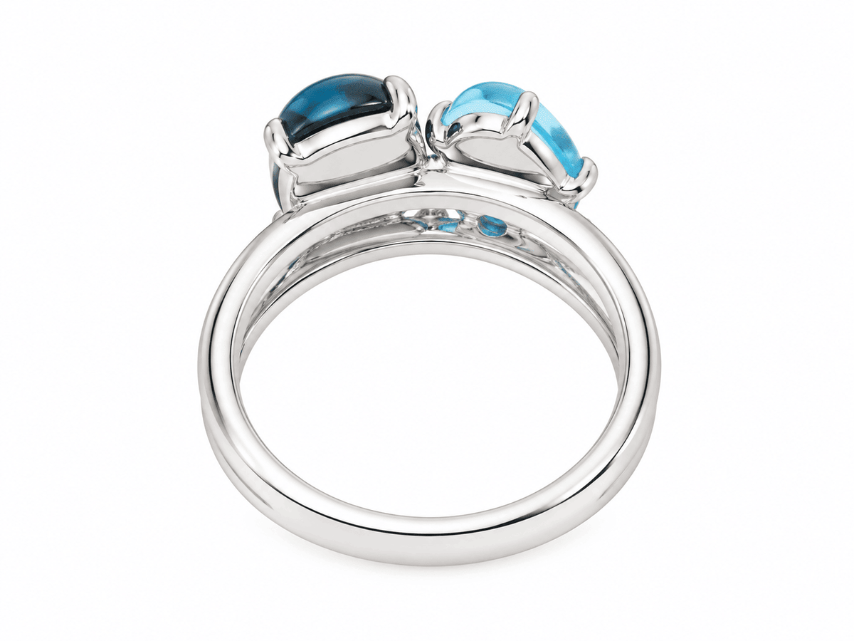 Bague L'Aurore en or blanc 18 carats avec aigue-marine, topazes bleues cabochon et pavage de diamants
