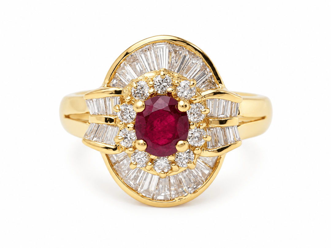 bague en or jaune 18kt rubis et diamants baguette