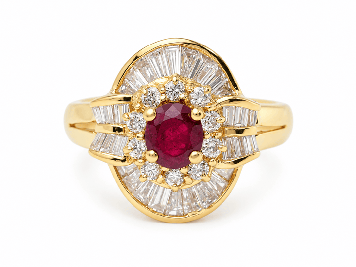 bague en or jaune 18kt rubis et diamants baguette