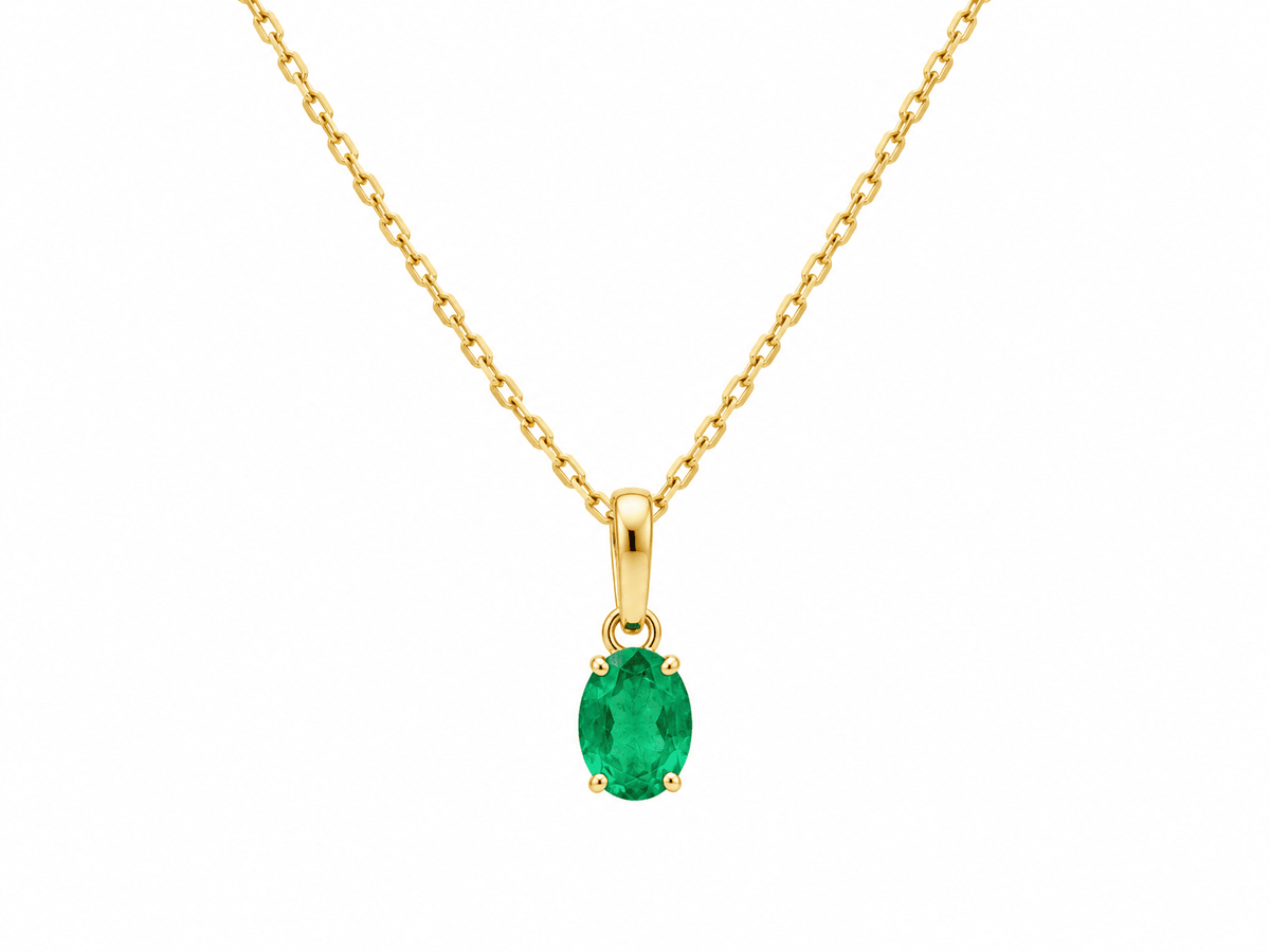 Pendentif L'Aurore en or jaune 18 carats avec une émeraude naturelle ovale de 0,65 carat sur une fine chaîne dorée
