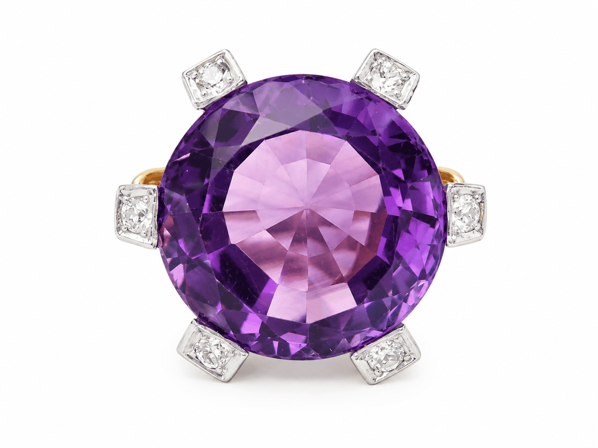 Bague cocktail vintage L'Aurore en or rose avec améthyste ronde de 40 carats et griffes serties de diamants
