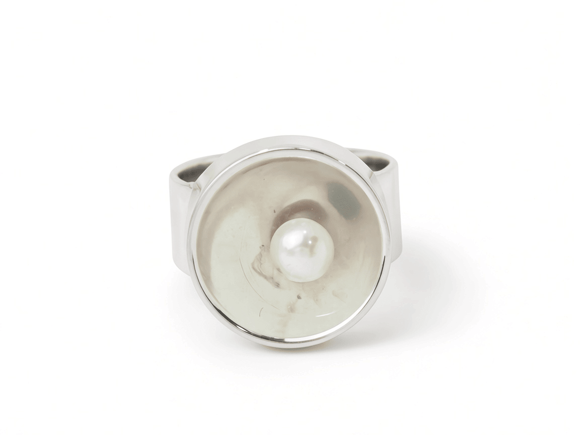 Bague vintage L'Aurore Dinh Van en or blanc 18 carats avec plateau miroir concave et perle de culture centrale