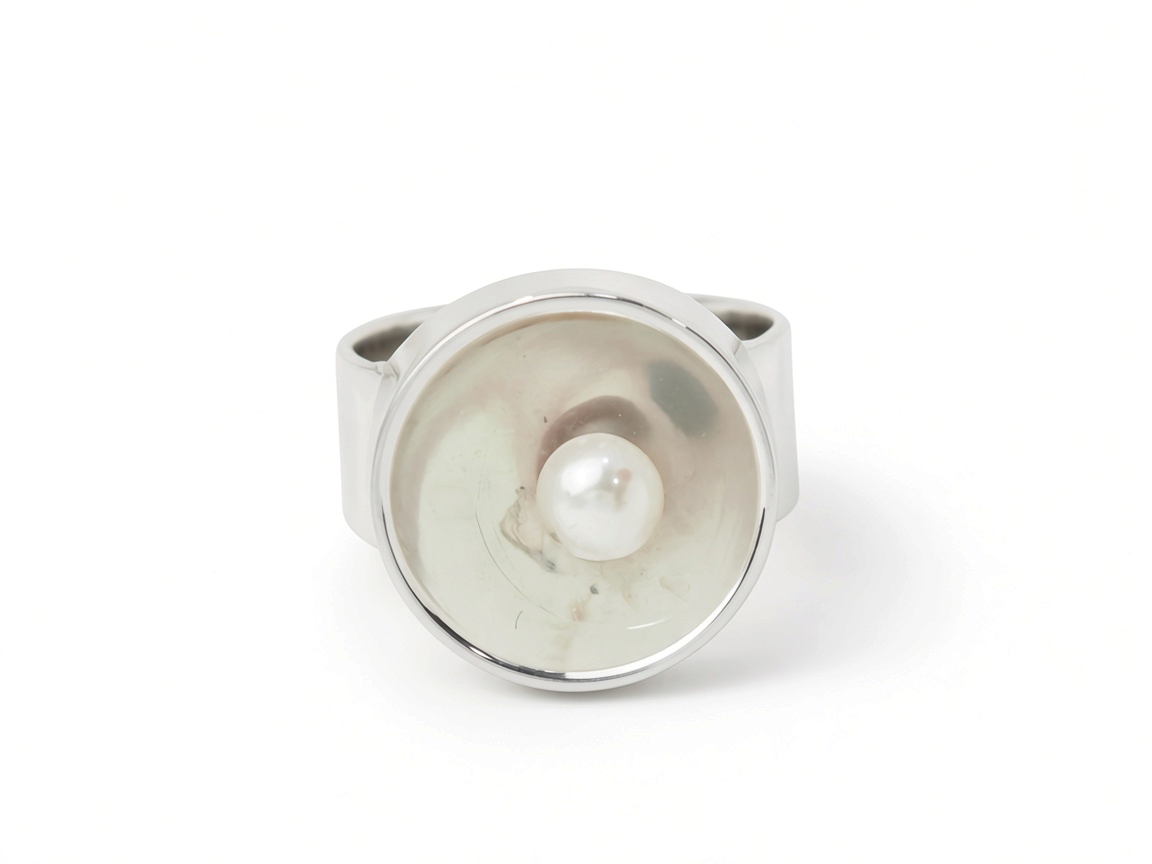 Bague vintage L'Aurore Dinh Van en or blanc 18 carats avec plateau miroir concave et perle de culture centrale