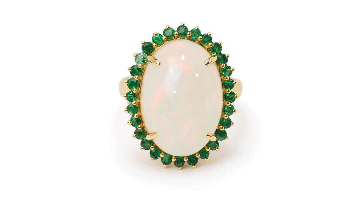 Bague L'Aurore en or jaune 18k avec opale cabochon centrale de 10 ct entourée d'émeraudes rondes éclatantes.