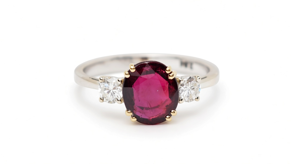 Bague L'Aurore en or bicolore 18k avec rubis naturel du Mozambique 2,04 ct et deux diamants taille brillant