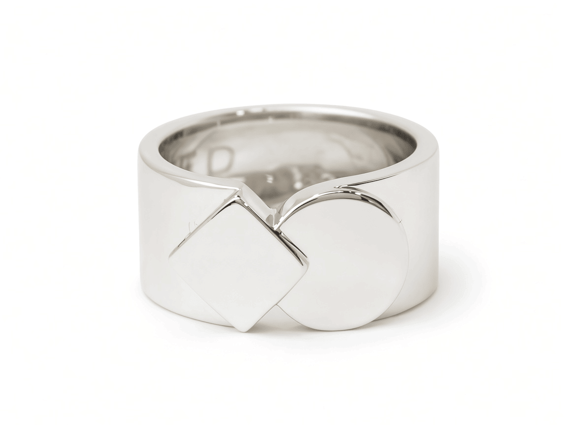 Bague L'Aurore Fred Fredkiss en or blanc 18 carats avec motif géométrique carré et cercle entrelacés
